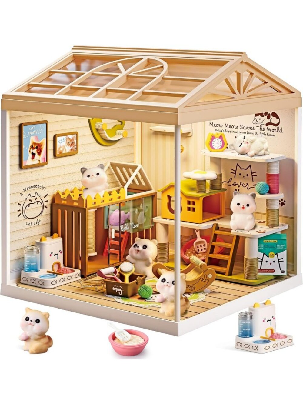DIY Miniature Cat House Kit with LED Light - Stackable Dollhouse Craft for Teens